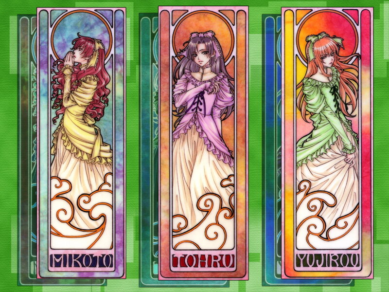 Three anime girls in elegant dresses