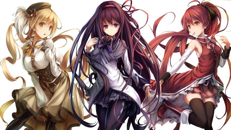 three anime girls in fantasy outfits
