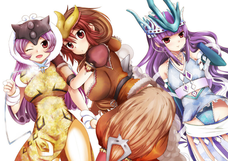 three anime girls in fantasy outfits