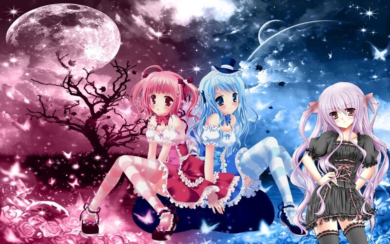three anime girls in fantasy scene