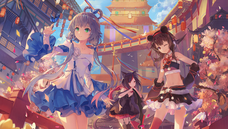 Three Anime Girls in Festival — Blue, Festive