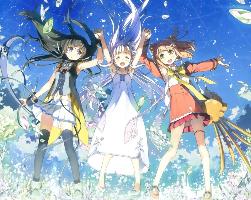 Three Anime Girls in Field — Blue, Joyful