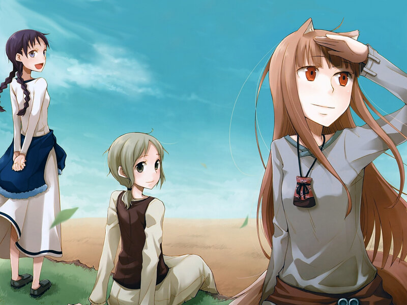 Three Anime Girls in Field — Blue, Serene