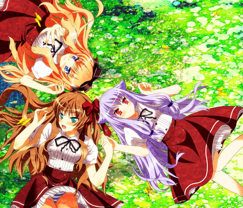 Three Anime Girls in Field — Green, Playful, Afternoon