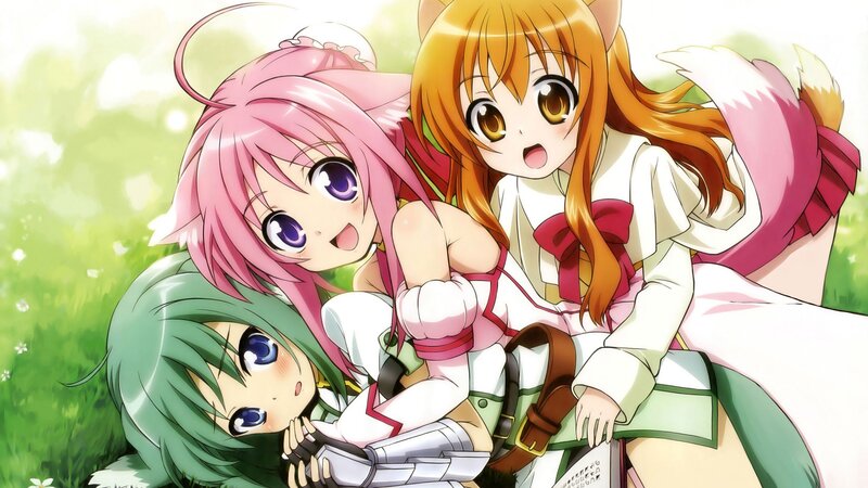 Three Anime Girls in Field — Green, Playful