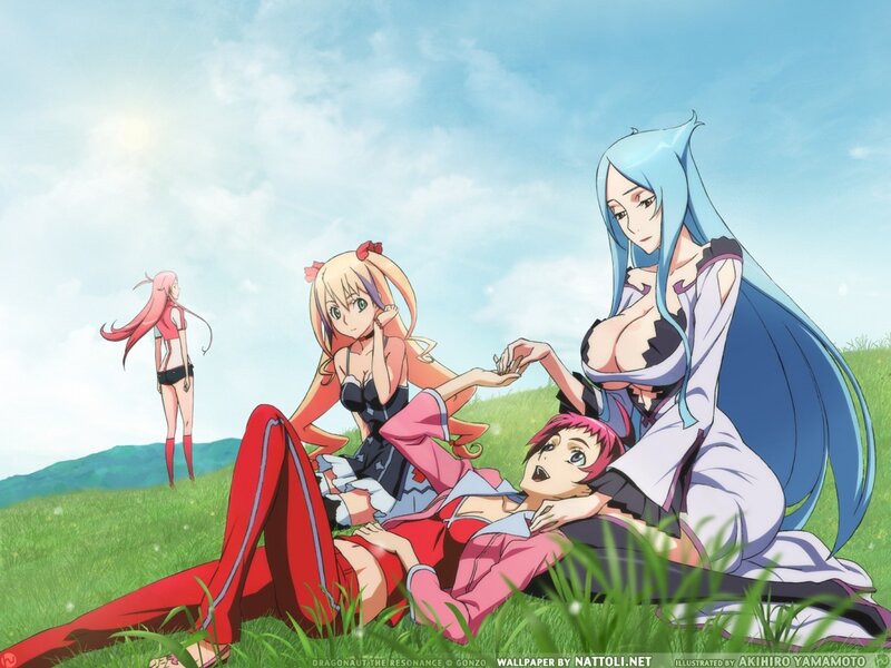 Three Anime Girls in Field — Green, Serene