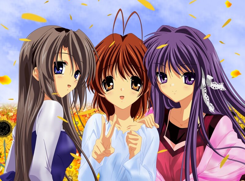 Three Anime Girls in Field — Purple
