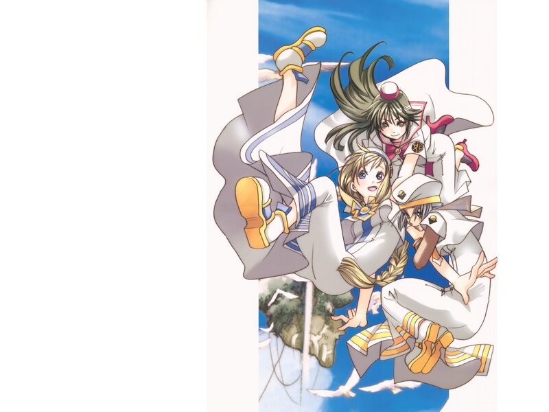 Three Anime Girls in Flight — Blue, Dynamic