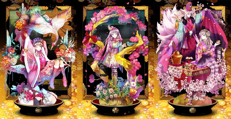 Three Anime Girls in Floral Scenes