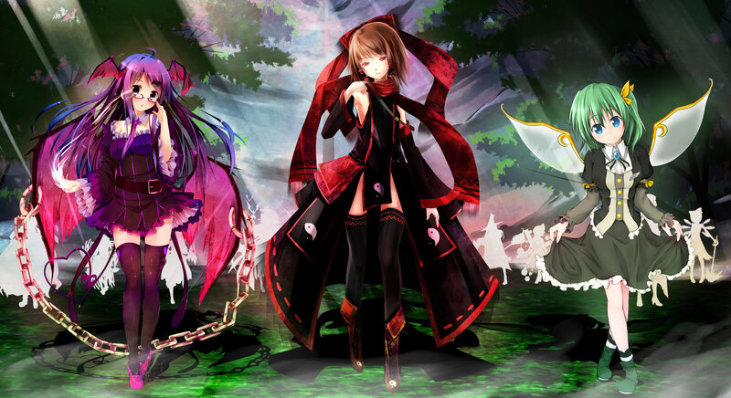Three Anime Girls in Forest — Green, Dramatic
