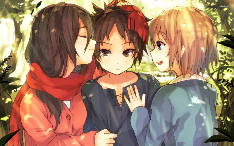 Three Anime Girls in Forest — Green, Peaceful