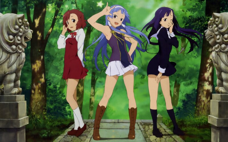 Three Anime Girls in Forest — Green, Playful, Afternoon, Stone Statues