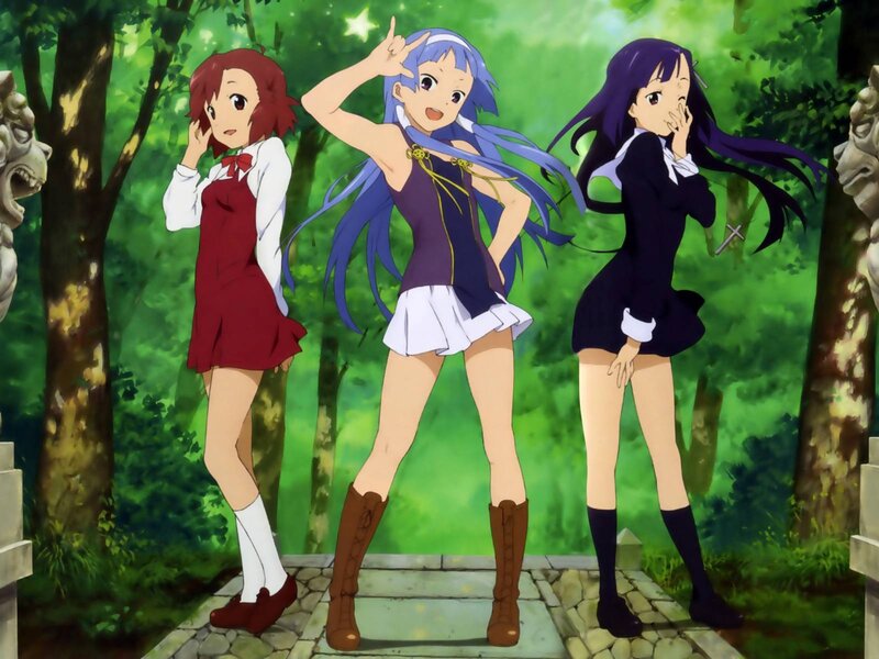 Three Anime Girls in Forest — Green, Playful