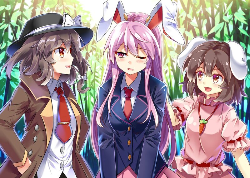 Three Anime Girls in Forest — Pink, Playful