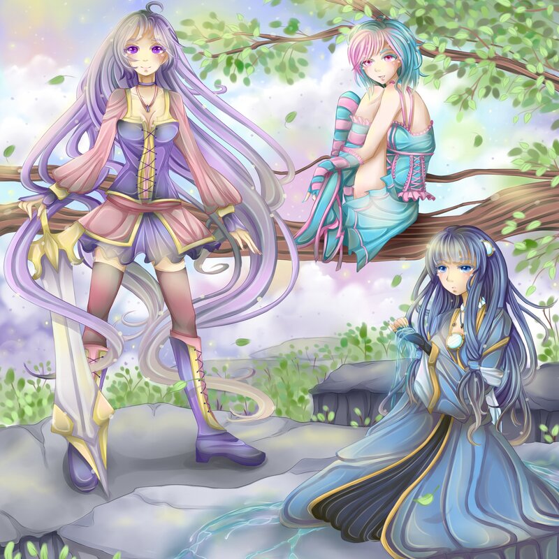 Three Anime Girls in Forest — Purple
