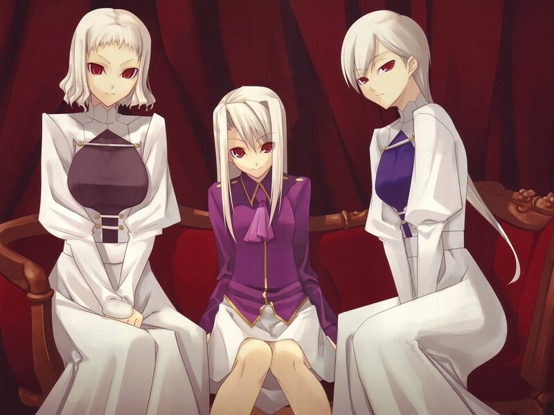 Three anime girls in formal attire