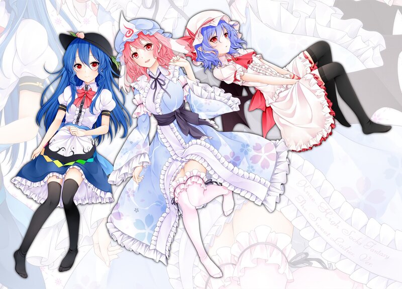 Three anime girls in frilly dresses