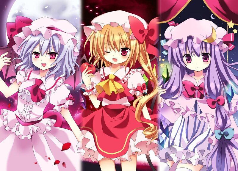 three anime girls in frilly dresses