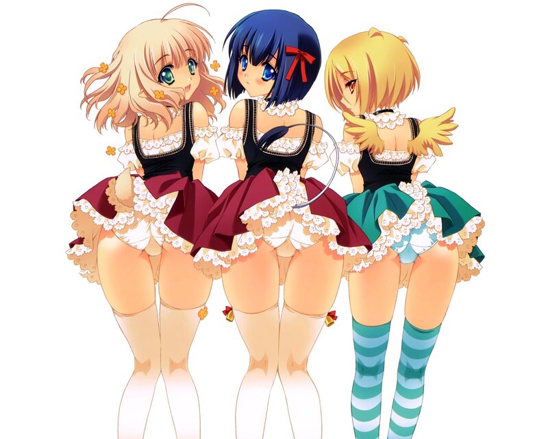 Three anime girls in frilly outfits