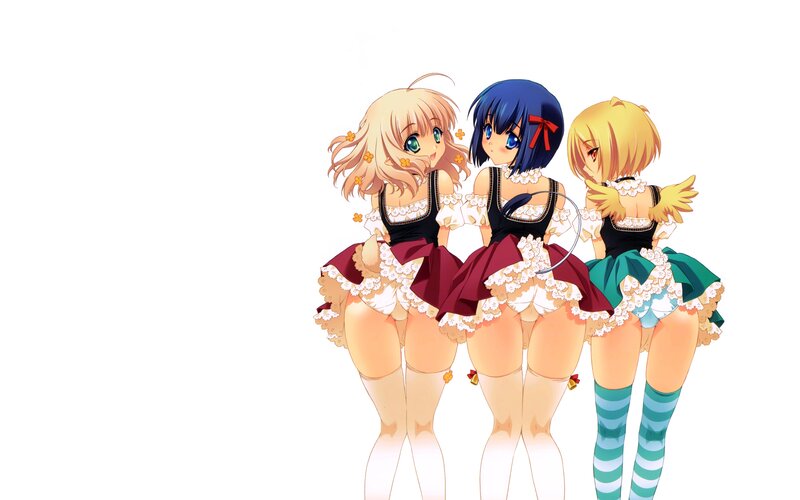 three anime girls in frilly outfits