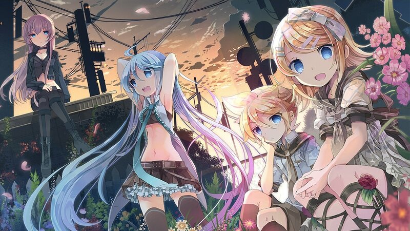 Three Anime Girls in Garden — Blue, Serene
