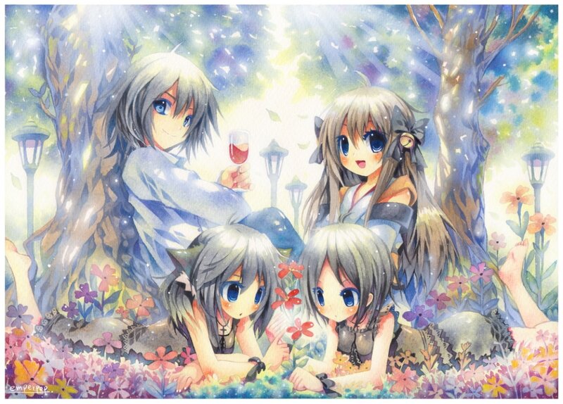 Three Anime Girls in Garden — Blue