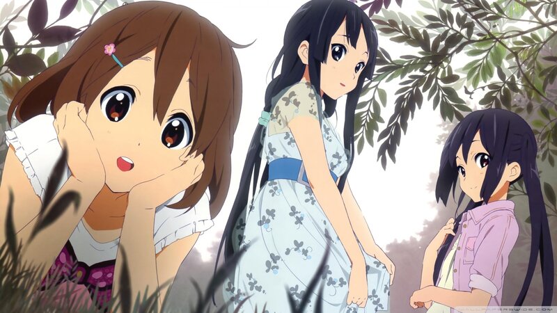 Three Anime Girls in Garden — Brown