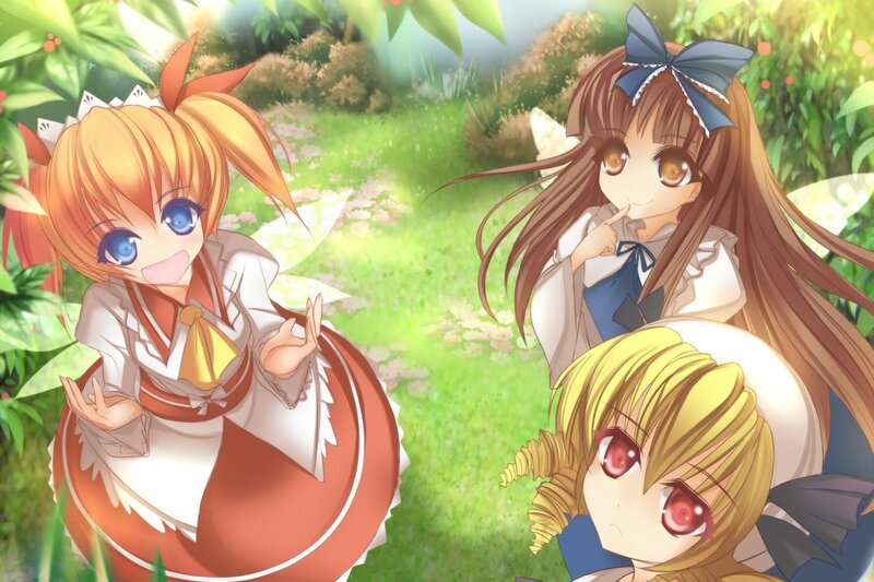 Three Anime Girls in Garden — Green, Serene, Afternoon, Flowers