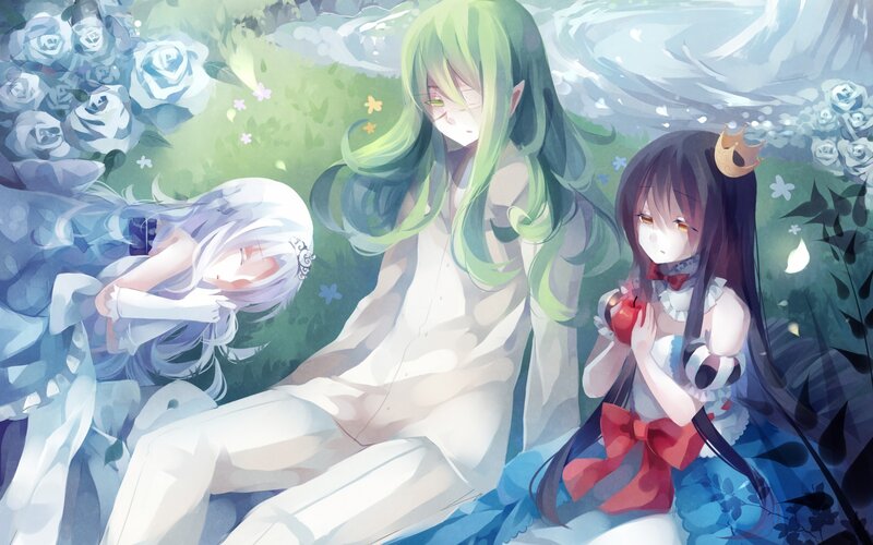 Three Anime Girls in Garden — Green, Serene, Spring