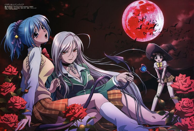 Three Anime Girls in Garden — Red, Dramatic