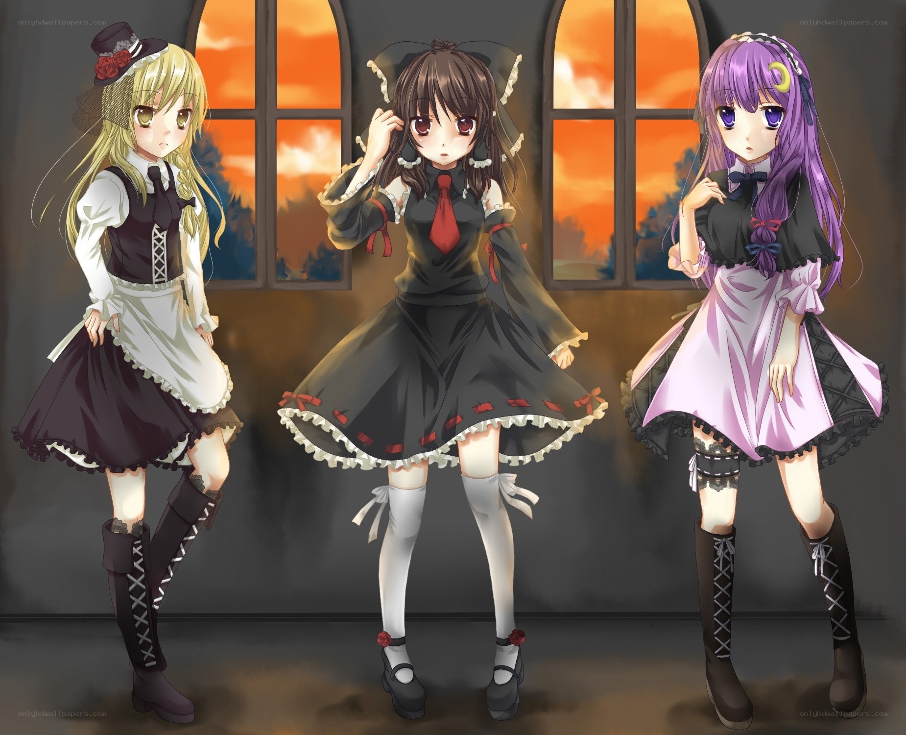 three anime girls in gothic dresses