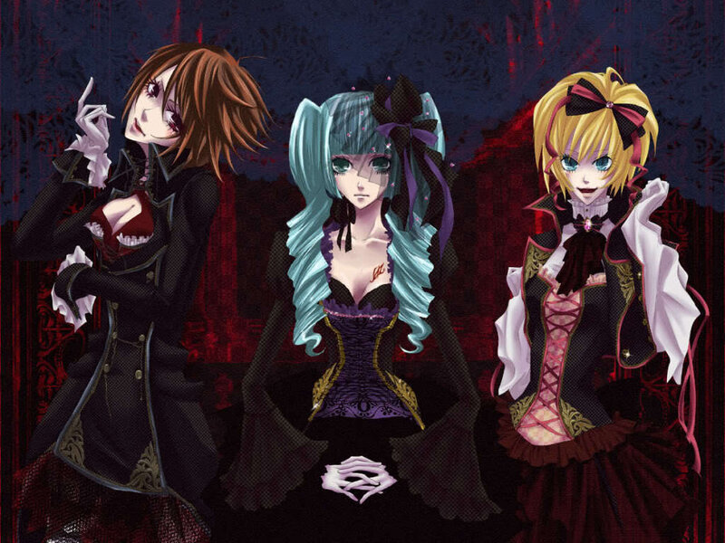 Three Anime Girls in Gothic Outfits
