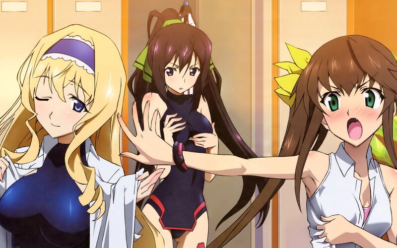 Three Anime Girls in Hallway