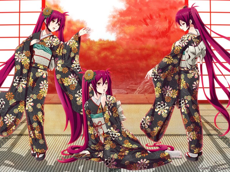 Three Anime Girls in Kimono — Black