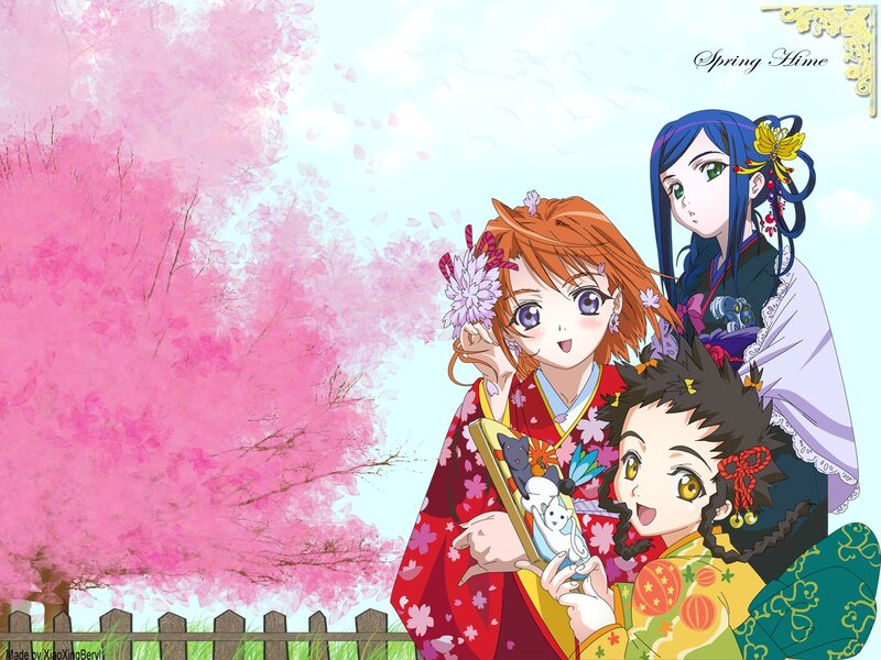 Three Anime Girls in Kimono — Pink