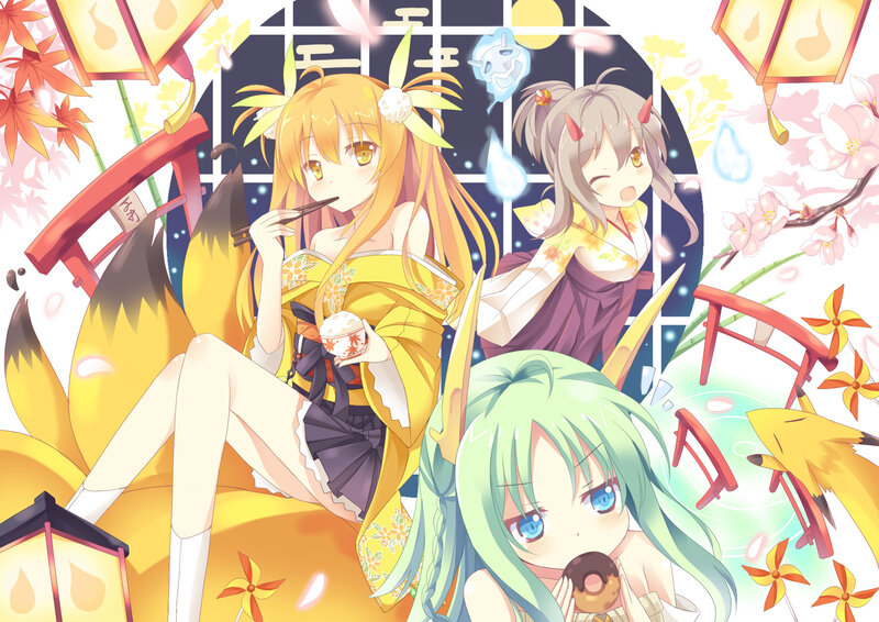 Three Anime Girls in Kimono — Yellow