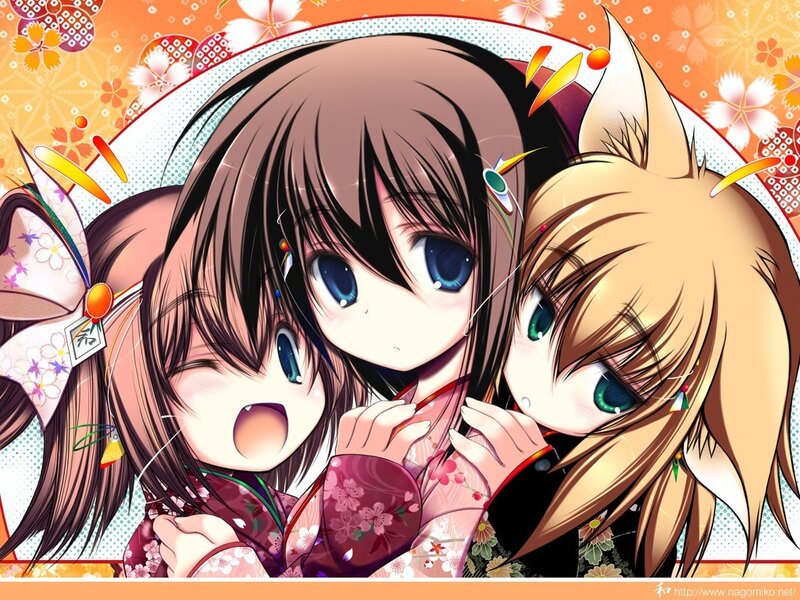 Three anime girls in kimonos