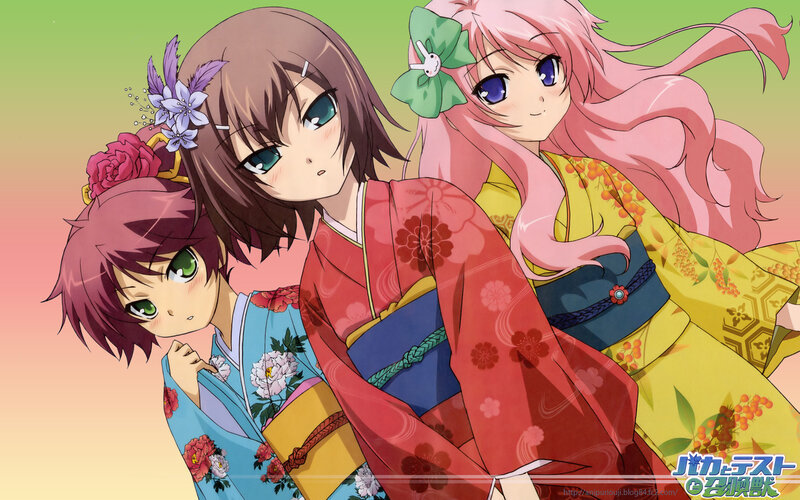 Three anime girls in kimonos