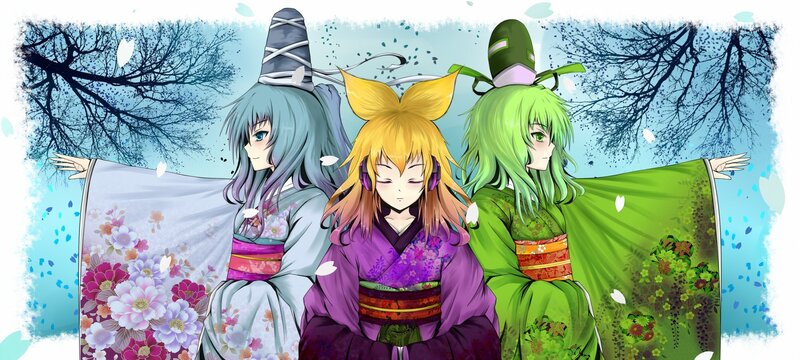 three anime girls in kimonos