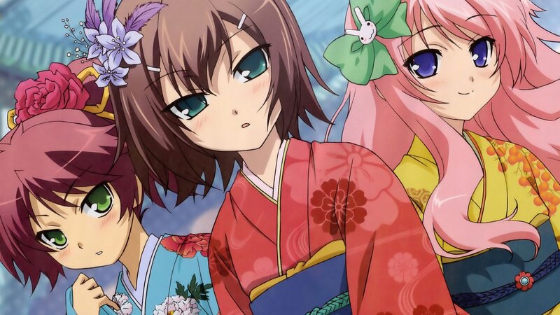 three anime girls in kimonos