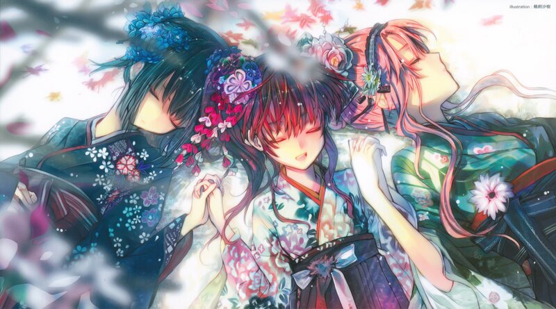 Three anime girls in kimonos