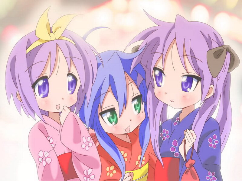 three anime girls in kimonos