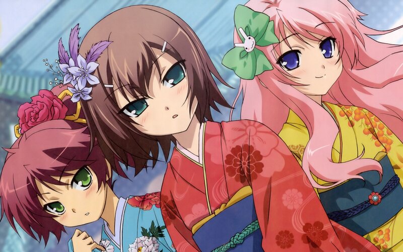 three anime girls in kimonos