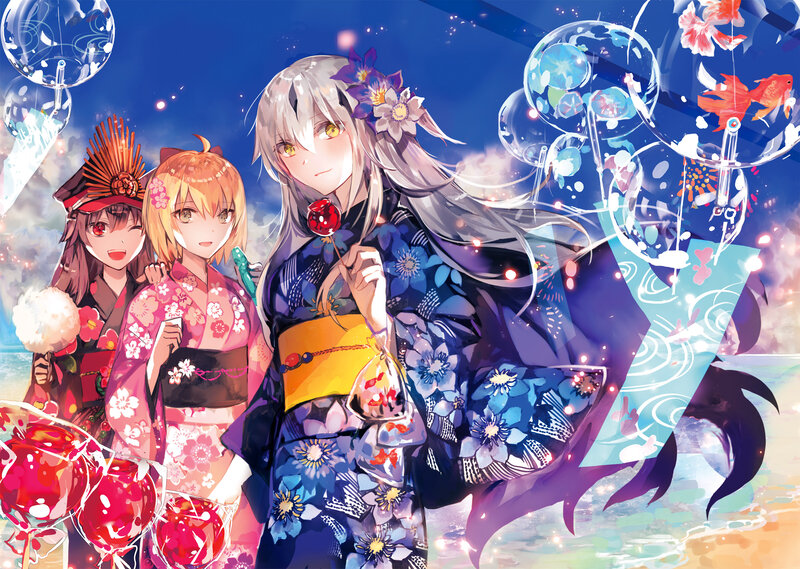 Three Anime Girls in Kimonos — Blue, Festive