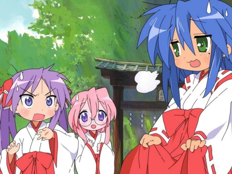Three Anime Girls in Kimonos — Blue, Playful