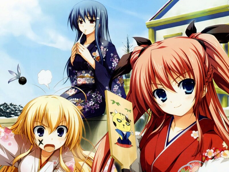 Three Anime Girls in Kimonos — Blue