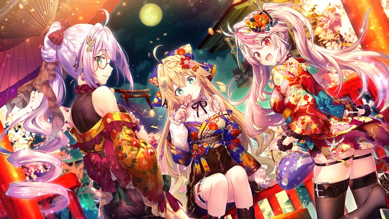 Three Anime Girls in Kimonos — Pink, Festive