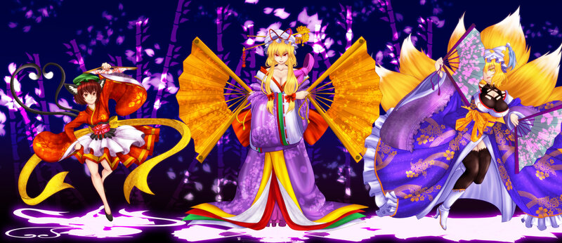 Three Anime Girls in Kimonos — Purple