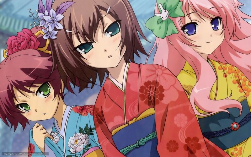 Three Anime Girls in Kimonos — Red, Calm