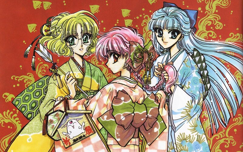 Three Anime Girls in Kimonos — Red, Festive